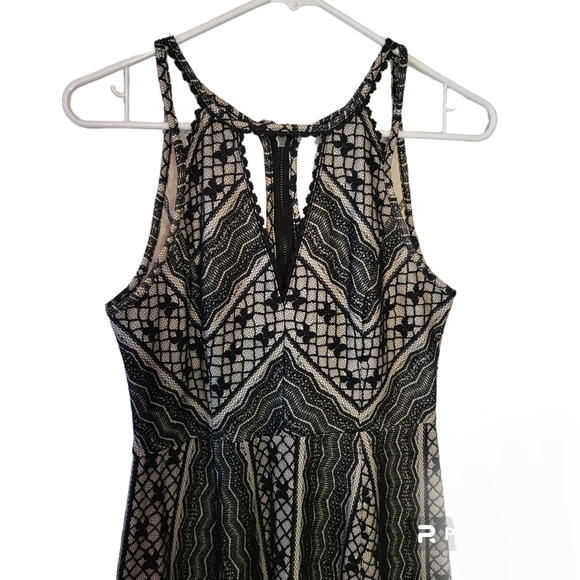 Free People Black Cream Lace Crochet  Keyhole Sleeveless Mini Dress Women 4 - Picture 2 of 9